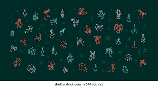 Merry Christmas and Happy New Year cute line doodle festive background. Handwriting sketch vector illustration. Holiday decor. Winter clipart, snow house, xmas tree ball and bubble, fun snowman