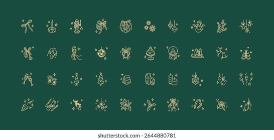 Merry Christmas and Happy New year cute line doodle golden icons set. Xmas winter minimalist drawing. Festive ornament. Holiday celebration background. Star, snowflake, ball, bubble, wreath, bow