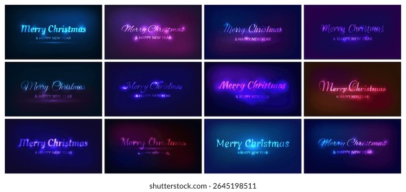 Merry Christmas and Happy New Year neon inscription. Big set of  abstract neon backgrounds with lights for Christmas holiday greeting card, flyers or posters. Vector illustration