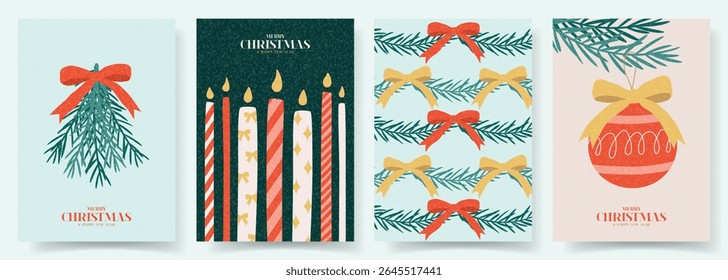 Merry Christmas and Happy New Year cards. Trendy vector illustration with Christmas decoration and typography design. Contemporary minimalist New Year posters for branding, cover, social media.