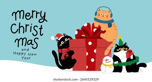 Merry Christmas and happy new year greeting card with cute fluffy cat wear winter costume. Animal holidays cartoon character. Funny kitten set. -vector