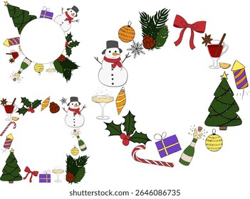 Merry Christmas and Happy New Year Circle round frame set template. Vector graphic line ink illustration. Christmas Tree, branches, balls, snowflake. Luxury element for invitation, banner, poster
