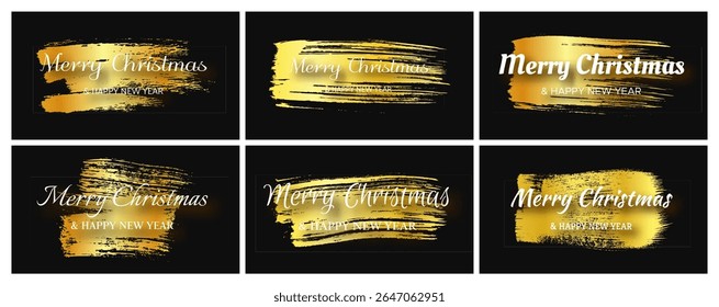 Merry Christmas and Happy New Year white incription with shadow on gold smear. Set of six abstract backdrops for Christmas holiday greeting card, flyers or posters. Vector illustration