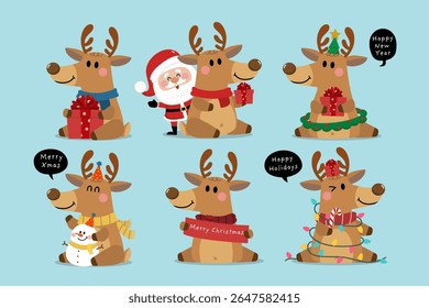 Merry Christmas and happy new year 2026 greeting card with cute Santa Claus, deer and snowman. Holiday cartoon character in winter season. -Vector.