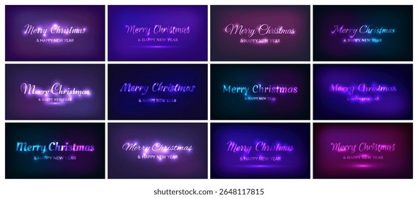 Merry Christmas and Happy New Year neon inscription. Big set of  abstract neon backgrounds with lights for Christmas holiday greeting card, flyers or posters. Vector illustration
