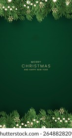 Merry Christmas and Happy New Year greeting card vector poster. Christmas elegant invitation template. Christmas and Happy New Year decoration border with fir branches background.