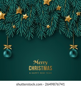Merry Christmas Happy New Year 2026 blue background, Fir tree branches, gold stars, confetti and Xmas ball toy. Vector illustration. Bauble decor gift card, sale poster, winter fashion party banner.