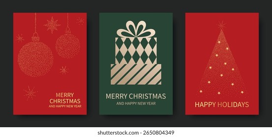 Merry Christmas and Happy New Year, luxury brochure covers, cards, greetings, poster, set of holiday vector illustrations. Golden snowflakes, New Year tree, gifts, Christmas ball.