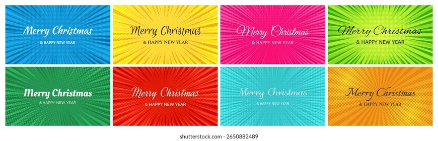 Merry Christmas and Happy New Year backdrop in pop art style. Set of eight comic book halftone dotted backgrounds for Christmas holiday greeting cards. Vector illustration