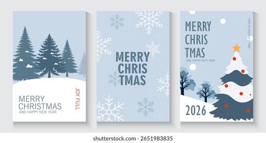 Merry Christmas and Happy New Year season. Background design for invitation, cards, social post, ads, cover, sale banner and invitation. Christmas winter in flat style with trees, snow and palm