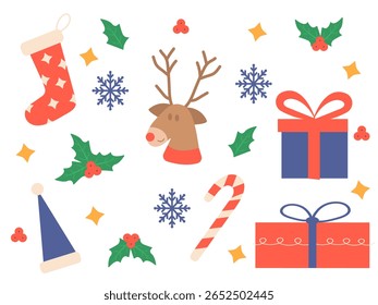 Merry christmas and happy new year elements vector. Christmas sock, gifts, christmas ball, berries, snowflakes, stars. A set of Christmas elements on white background