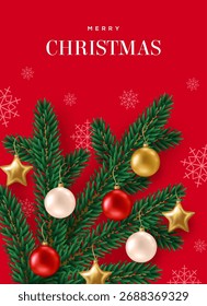 Feliz Natal Cartaz de feliz ano novo, 3d bauble decoração pendurado no galho de abeto árvore, ouro estrelas brinquedo. Ilustração vetorial. Fundo vermelho feriado. Xmas 2026 Eve modelo de cartão de festa. Inserir para texto