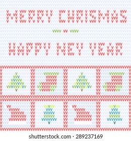Merry Christmas and Happy New Year. Background knitted with Christmas items - Santa hat, socks, Christmas tree, bell. Vector.