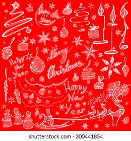 Merry Christmas and Happy New Year doodles elements set. Hand drawn vector illustration