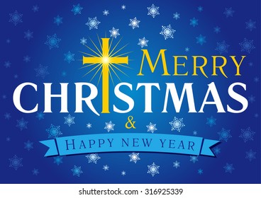 Merry Christmas, A Happy New Year greetings. Celebrating congratulating decorative traditional blue card with inscription, golden shining lighting cross, lights, ribbon, snowflakes ornaments, wishes.