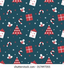 Merry Christmas and Happy New Year. Winter holiday background. Cute seamless pattern with red and blue colors. Vector illustration can be used for printing on paper and fabric. 