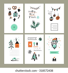 Merry Christmas and Happy New Year set. Cute Hand drawn holiday cards and invitations. Decorative elements. Vector illustration. Isolated. Elements are grouped separately