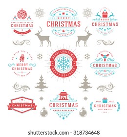 Merry Christmas And Happy New Year Wishes Typographic Labels and Badges set, Vintage decorations, objects, symbols and elements, vector illustration