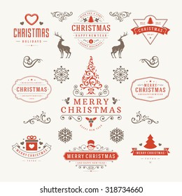 Merry Christmas And Happy New Year Wishes Typographic Labels and Badges set, Vintage decorations, objects, symbols and elements, vector illustration