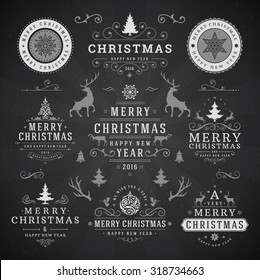 Merry Christmas And Happy New Year Wishes Typographic Labels and Badges set, Vintage decorations, objects, symbols and elements, vector illustration on blackboard