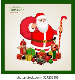 Merry Christmas and happy new year .Poster  with  Santa Claus with gift boxes ,  Wooden soldier ,nutcracker, iron train,  Christmas balls. isolated vector illustration