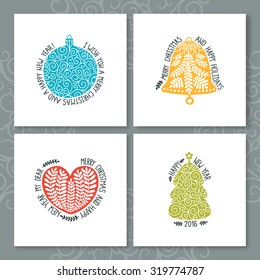 Merry Christmas and Happy New year cards with Christmas decorations, ball, heart, tree, bell and Typographic Wish. Set of cute Greeting cards on white backgrounds