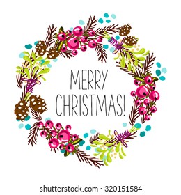 Merry Christmas and Happy New Year Card. Christmas Wreath.