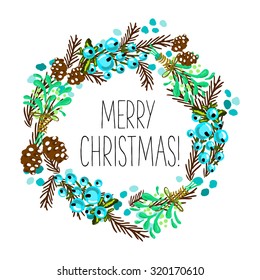 Merry Christmas and Happy New Year Card. Christmas Wreath.