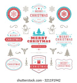 Merry Christmas And Happy New Year Wishes Typographic Labels and Badges set, Vintage decorations, objects, symbols and elements, vector illustration