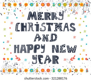 Merry Christmas and Happy New Year postcard. Card design perfect as invitation or announcement. Cute greeting card. Vector illustration