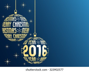 merry christmas and happy new year 2016 greeting card, blue background with place for text, hanging gold christmas balls with text