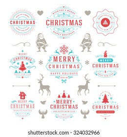 Merry Christmas And Happy New Year Wishes Typographic Labels and Badges set, Vintage decorations, objects, symbols and elements, vector illustration