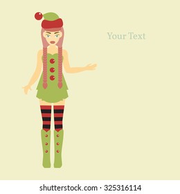 Merry Christmas and Happy New Year 2016. Year of the Monkey. Vector Illustration of Elf Cartoon Character. Cute Santa Helper.