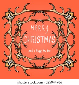 MERRY CHRISTMAS AND HAPPY NEW YEAR cute frame with reindeer horns-stock vector