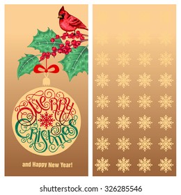 Merry Christmas and Happy New Year! - quote and bird Red Cardinal on a branch of holly on a golden background. Vector greeting card. Lettering. Xmas design.