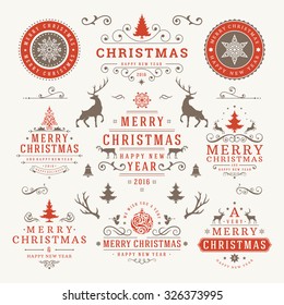 Merry Christmas And Happy New Year Wishes Typographic Labels and Badges set, Vintage decorations, objects, symbols and elements, vector illustration