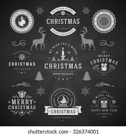 Merry Christmas And Happy New Year Wishes Typographic Labels and Badges set, Vintage decorations, objects, symbols and elements, vector illustration on blackboard