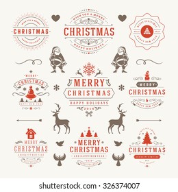 Merry Christmas And Happy New Year Wishes Typographic Labels and Badges set, Vintage decorations, objects, symbols and elements, vector illustration