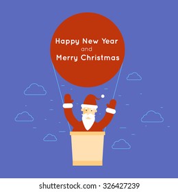 Merry Christmas and Happy New Year Santa Claus flies on a hot air balloon. Flat design vector illustration.