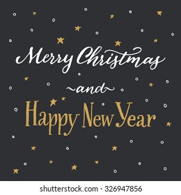Merry Christmas and Happy New Year! Handwritten vector calligraphy on dark background with hand drawn sketchy pattern of white snowflakes and gold stars.