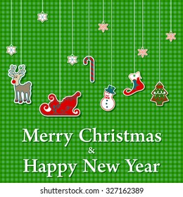 Merry Christmas and Happy New Year with stickers element. Greeting card background, vector