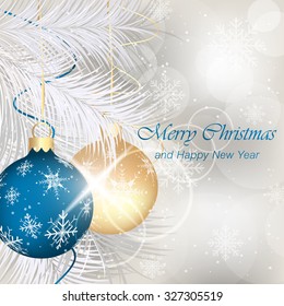 Merry Christmas and Happy New Year greeting card with baubles, ribbons, stars, shiny effect, snowflakes and needles/vector illustration.
