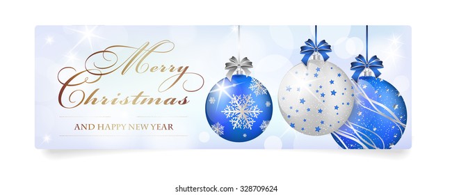 Merry Christmas and Happy New Year card with balls, shines and shadows - isolated on white background. Vector illustration.