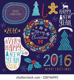 Merry Christmas And Happy New Year Calligraphic, mitten, wreath, frames, 2016 handmade sign. Christmas set - labels, emblems and other decorative elements.