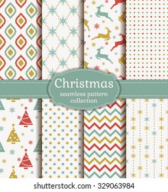 Merry Christmas and Happy New Year! Set of retro seamless backgrounds with traditional symbols: reindeer, fir-tree, snowflakes, stars and with suitable abstract geometric patterns. Vector collection.