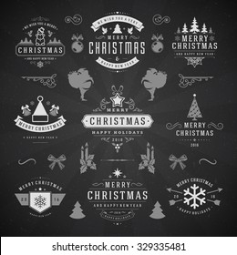 Merry Christmas And Happy New Year Wishes Typographic Labels and Badges set, Vintage decorations, objects, symbols and elements, vector illustration on chalkboard