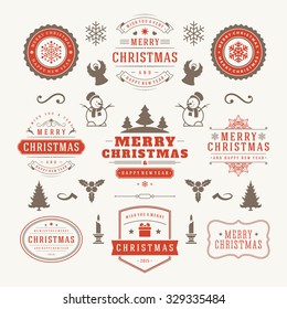 Merry Christmas And Happy New Year Wishes Typographic Labels and Badges set, Vintage decorations, objects, symbols and elements, vector illustration