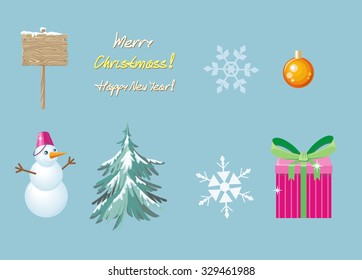 Merry christmas and happy new year. Wooden board, gift box, tree and snowflake, snowman and holiday, celebration and winter, creative banner illustration