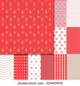 Merry Christmas and Happy New Year!  Set of Classic Christmas patterns with red, green and white colors. Vector illustration.  Big collection of 21 winter holiday backgrounds.