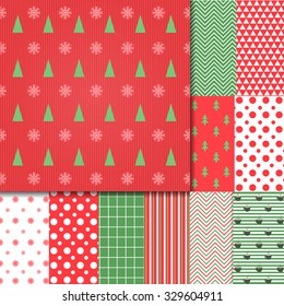 Merry Christmas and Happy New Year!  Set of Classic Christmas patterns with red, green and white colors. Vector illustration.  Big collection of winter holiday backgrounds.